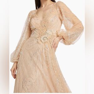 Rickie Freeman for Teri Jon Gold Sequin Gown with Flutter Sleeves